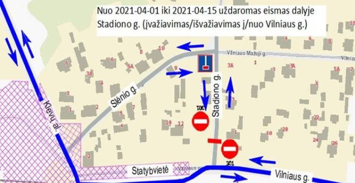 Balandžio 1–15 d. Lentvaryje, dalyje Stadiono g., uždaromas eismas